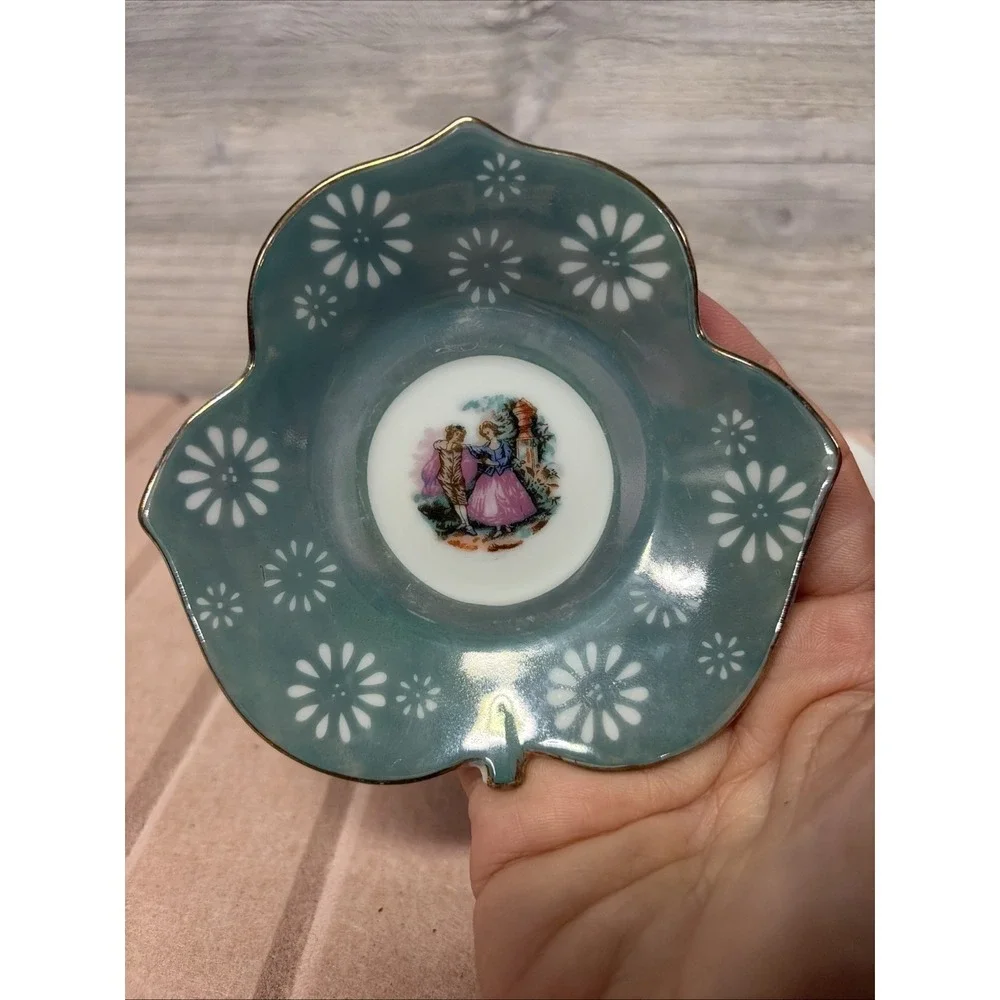 Vintage Blue Luster Demitasse Footed Tea Cup and Leaf Shaped Saucer (e2)